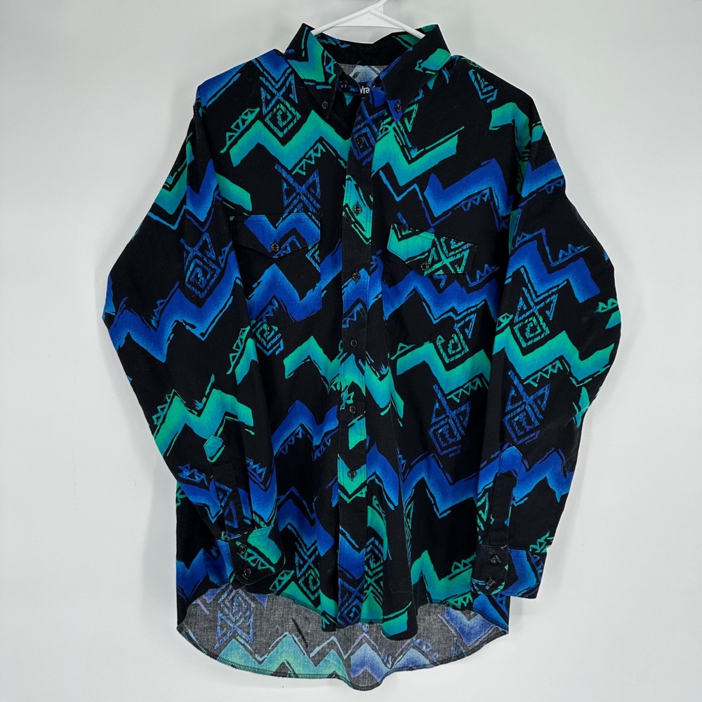 Wrangler Cowboy Cut Western Shirt Mens 15.5-34 Geometric Southwest Blue Green